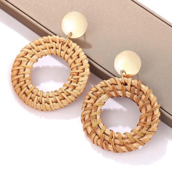 Anthropologie Jewelry - Rattan Woven Circle Drop Gold Stud Earrings